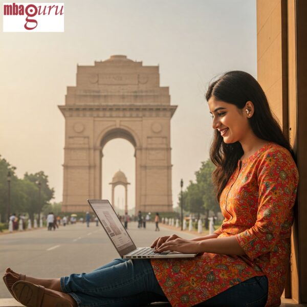 Delhi student acing CAT with MBAGuru's premier online coaching, blending city landmarks with learning.